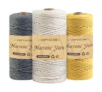 AHPYEUHK Corde à Macramé 3mm en Coton, 3 Rouleaux de 100m, Gris Foncé + Beige + Curcuma, Parfaite pour Suspensions Murale et Plantes, DIY, Bricolage, Décoration