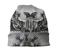 AHTCPO Bonnets Nordiques Viking Hommes, Impression 3D Médiévale Vintage Bonnet de Chapeau Snapback Tricoté, Hiver Bonnet Chaud Chapeaux Hommes Rue Ski Chapeau,Viking hat5