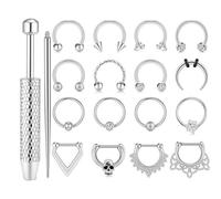 AHTCPO Ensemble de 18 Anneaux Nez en Forme Fer à Cheval Avec Outils, pour Cartilage Boucles D'Oreilles, Piercing, Argent Noir Or(Silver)