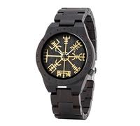 AHTCPO Montre en Bois Vintage pour Homme Viking, Montre Viking Norse Runes Ebony Noire, Montre à Quartz Analogique Réglable(Black)
