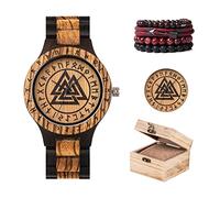 AHTCPO Montres en Bois Faites a la Main, Montre Nordique Viking en Bois avec Symbole du Valhalla, Horloge Circulaire Réglable Unisexe de Style Nordique