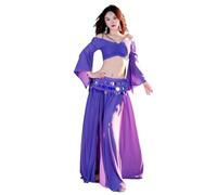AHUFGN Costume de Danse Orientale Costume de Danse à Manches dénudées, Ensemble de 2 pièces avec Ceinture de pièces de Monnaie, Jupe Longue, Tenue de Danse du Ventre for Filles(Purple,XL)