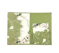 AHUFGN Enveloppe Mariage Kit de 50 cartes d'invitation mariage à trois volets découpées au laser, feuilles vertes et bleu marine, pochette personnalisée(Sage green2,Blank set)