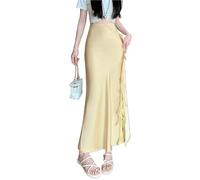 AHUFGN Jupe Longue Femme Jupes en satin de soie for femmes, élégantes, taille haute, dentelle unie, patchwork, fente latérale, droite, décontractée(Yellow,M)