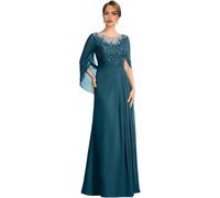 AHUFGN Robe Mere De La Mariee for Mariage avec Cape Longue en Dentelle Appliques Robes de soirée Mousseline Soie(Peacock,16)