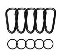 Ahysuet Pack de 5 mousquetons noirs + 5 anneaux de clé ronds noirs avec mousqueton - Ensemble de crochets D-Clip pour camping, excursions, randonnée, voyage, utilisation en intérieur et extérieur, etc