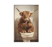 Ai Art-1 Vache des Highlands assise sur les toilettes regardant un téléphone, décoration murale amusante pour salle de bain, photo d'animal de style vintage, humour de toilette, Ai Art-1