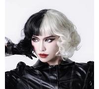 AIBAOBAO Perruque mi-noire mi-blanche pour femme, cheveux courts bouclés, perruque de carnaval Cruella noire et blanche, cosplay anime pour costume, Halloween, carnaval et déguisements de fête