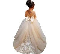 Aibaowedding Robe en dentelle avec broderie, dos V transparent sans manches pour enfants avec traîne, champagne, 10-11 ans