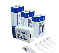 Aibatt Batterie 9V 1000mAh,avec connecteur de Charge Type C,Li-ION 6F22 Batterie Rechargeable pour Microphone,détecteur de fumée,Jouet électronique,Talkie-walkie,Batteries monoblo (4 Pack)