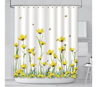 AIBIIN 180x180cm Printemps Fleur Rideau de Douche Abeille Rideau d'été Jaune Gerbera pollens Illustration Impression Polyester matériaux imperméables Maison Ensembles de Baignoire avec 12 Crochets.