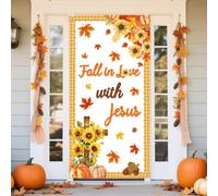 AIBIIN Couverture de porte « Fall in Love with Jesus » - Tournesol - Citrouille - Bannière de porte de Thanksgiving - Décoration religieuse chrétienne - Décoration d'intérieur et d'extérieur - 90 x