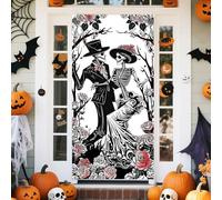 AIBIIN Couverture de porte squelette de mariage Halloween Dia DE Los Muertos Bannière décorative Jour des morts Bannière Décorations de fête d'Halloween Décoration d'intérieur et d'extérieur 90 x 180