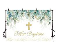 AIBIIN Mon Baptême Toile de fond Mi Bautizo God Bless pour photographie Fond vert feuilles dorées Croix Baptême Décoration Bannière Accessoires de photomaton 2,1 x 1,5 m