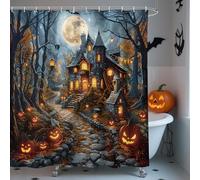 AIBIIN Rideau de douche d'Halloween - Château effrayant - Mauvaise citrouille - Lanterne citrouille - Maison gothique - Pleine lune - Arbre mort, chauve-souris - Imperméable - Décoration de salle de