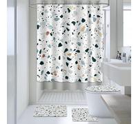 AIBIIN Terrazzo Ensemble de 4 rideaux de douche modernes avec tapis antidérapants, housse moderne pour abattant de toilette et tapis de bain, rideau de bain pour décoration de salle de bain (crochets