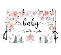 AIBIIN Toile de fond « Baby It's Cold Outside » de 2,1 x 1,5 m - Décorations de Noël et d'hiver pour fête prénatale - Fleurs roses et flocons de neige argentés - Bannière d'accessoires photo