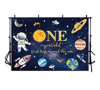 AIBIIN Toile de Fond d'anniversaire pour garçon 2,1x1,5 m pour Photographie d'un an,Premier Voyage Autour du Soleil,Univers,Astronaute,fusée,Portrait,Studio,séance Photo,gâteau,décoration de Table