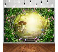 AIBIIN Toile de fond de forêt enchantée de 2,1 x 1,5 m pour photographie, jardin de fées, champignon, forêt, pays des merveilles, printemps, fleur, papillon, fête prénatale, anniversaire, photographie