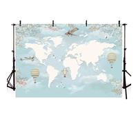 AIBIIN Toile de fond de voyage avec carte du monde - Ciel bleu, avion, montgolfière, anniversaire, fête prénuptiale, photographie - Une nouvelle aventure commence - Accessoires photo sur le thème du