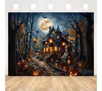 AIBIIN Toile de fond d'Halloween 2,4 x 1,8 m château effrayant, citrouille maléfique, maison gothique, pleine lune, arbre mort, bannière de photographie d'horreur pour fête d'Halloween, accessoires