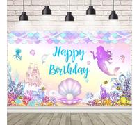 AIBIIN Toile de fond « Happy Birthday » sous la mer - Queue de sirène - Château de princesse - Décoration de fête d'anniversaire sur le thème de la sirène - 180 x 119 cm