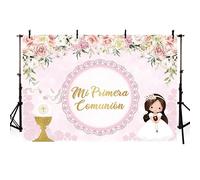 AIBIIN Toile de fond Mi Primera 2,1 x 1,5 m pour fille, dieu bénédiction, première communion, photographie, arrière-plan calice colombes rose floral dentelle décoration de fête bannière accessoires