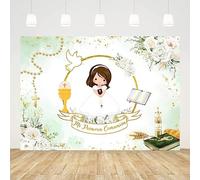 AIBIIN Toile de fond Mi Primera de 2,1 x 1,5 m pour fille - Baptême - Dieu bénisse la première communion - Décorations de fête de baptême Mi Bautizo - Vert et doré - À paillettes - Bannière de fête -