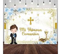 AIBIIN Toile de fond Mi Primera pour baptême de garçon - 2,1 x 1,5 m - Décoration de fête - Dieu bénédiction - Première communion - Bleu - Bannière florale - Accessoires photo