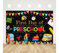 AIBIIN Toile de fond noire de 2,1 x 1,5 m pour le premier jour de la maternelle pour photographie de rentrée scolaire pour enfants - Bannière de bienvenue à l'école - Fournitures de sacs, crayons,