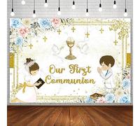 AIBIIN Toile de fond « Our First Holy Communion » de 2,1 x 1,5 m pour jumeaux - Dieu bénédiction - Décorations de fête de baptême - Mi Primera Comunion Mi Bautizo - Bannière bohème florale -