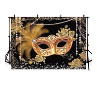 AIBIIN Toile de fond pour photographie de 2,4 x 1,8 m, motif fleur dorée, perle, cristal, plume, masque doré pour carnaval, soirée, bal de fin d'année, décoration de fête Mardi Gras, accessoires photo