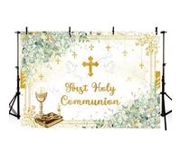 AIBIIN Toile de fond pour première communion, bénédiction de Dieu, baptême, fête, décoration, arrière-plan de verdure, feuilles dorées, croix dorée, colombe de paix, première communion, baptême,
