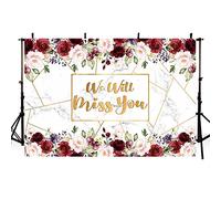 AIBIIN Toile de fond « We Will Miss You » - 2,1 x 1,5 m - Fleurs roses et bordeaux - Pour photographie d'adieu, anniversaire de mariage, retraite, remise de diplôme