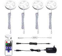 AIBOO LED Lampe Sous Meuble Cuisine avec Telecommande RF Sans Fil, Rond Ultra Slim Eclairage Encastré pour Placard, Prise Européenne, 4 Paquets Lumières LED pour vitrine 12V 8W (Blanc Chaude2700K)