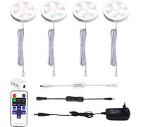 AIBOO LED Lampe Sous Meuble Cuisine avec Telecommande RF Sans Fil, Rond Ultra Slim Eclairage Encastré pour Placard, Prise Européenne, 4 Paquets Lumières LED pour vitrine 12V 8W (Blanc Chaude2700K)