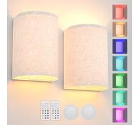 AIBOO Lot de 2 appliques murales magnétiques sans fil à piles, couleurs RVB, intensité variable, avec abat-jour en tissu lin et télécommande, décoration d'éclairage, lot de 2 pour chambre à coucher,