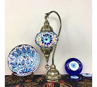 AIBOTY Lampe Turque à Globes de 5" de Large Lampe de Table Marocaine bohème rétro, Abat-Jour en vitrail, Lampe de Bureau Petite de 16" Haut lumière de Nuit pour Chambre à Coucher ou Salon,Blue a