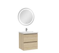 AICA Ensemble Meuble Salle de Bain 50cm Chêne Wotan Simple Vasque + Miroir Lumineux Rond