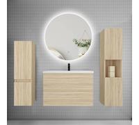 AICA Ensemble Meuble Salle de Bain 80cm 2 tiroirs + lavabo + Colonne + Miroir Rond Mural 80cm,chêne