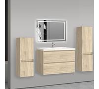 AICA Ensemble Meuble Salle de Bain avec Vasque+2 Colonne et Miroir Lumineux | Meuble avec Céramique Vasque 80cm,Fonction Soft-close,Miroir Salle de Bain avec Éclairage, Anti-buée + Dimmable + Mémoire