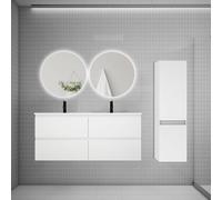 AICA Ensemble Meuble Salle de Bain Double Vasque 120cm avec lavabo + Colonne + Miroir Rond,Blanc