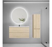 AICA Ensemble Meuble Salle de Bain Simple Vasque 100cm avec lavabo + Colonne + Miroir Rond,chêne