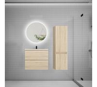 AICA Ensemble Meuble Salle de Bain Simple Vasque 60cm avec lavabo + Colonne + Miroir Rond,chêne