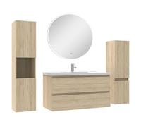 AICA Ensemble Meubles Salle de Bain 100cm Vasque + Colonne + Miroir Rond Mural Chêne Wotan