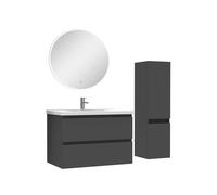 AICA Ensemble Meubles Salle de Bain 80cm Vasque + Colonne + Miroir Rond Lumineux Anthracite