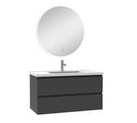 AICA Ensemble Meubles Salle de Bain Anthracite 100cm Simple Vasque + Miroir Lumineux Rond