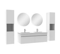 AICA Ensemble Meubles Salle de Bain Double Vasque 120cm, colonnex2 et Miroir Rond Blanc