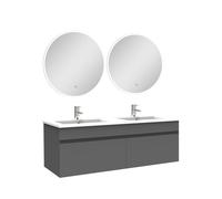AICA Ensemble Meubles Salle de Bain Double Vasque 120cm + Miroir Rond Lumineux Anthracite