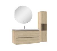 AICA Ensemble Meubles Simple Vasque 100cm,Colonne + Miroir Rond Lumineux Chêne Wotan